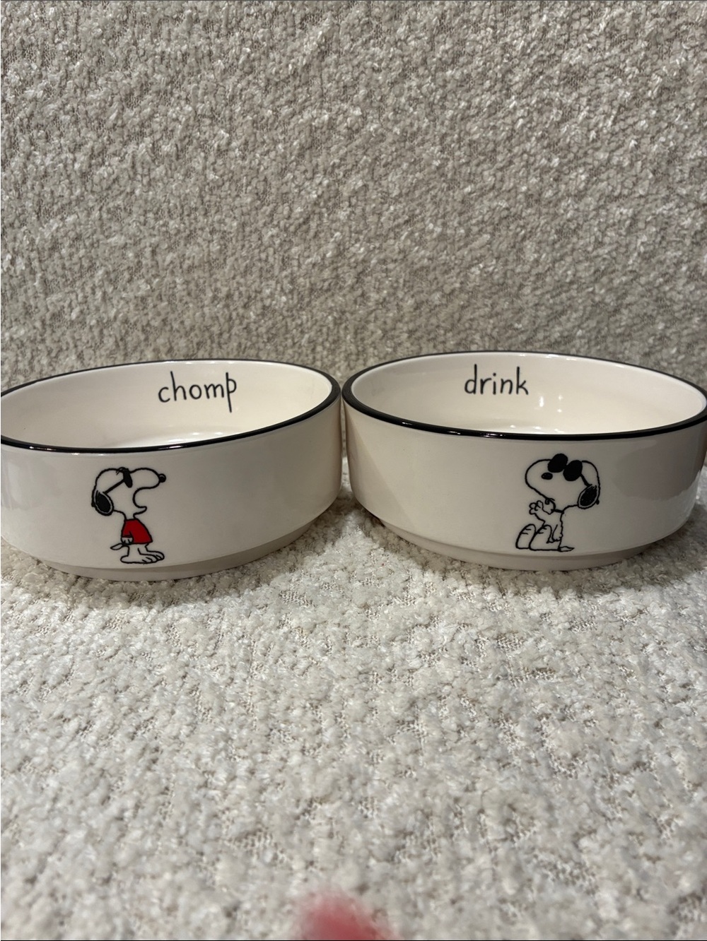 Rae Dunn White& Black Snoopy 'Chomp' and 'Drink' Ceramic Pet Bowls